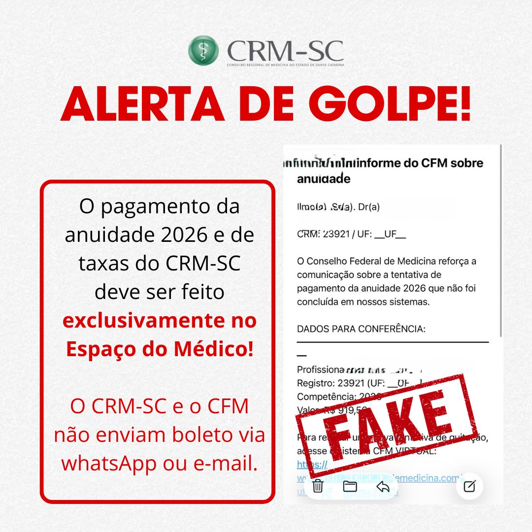 Alerta de Golpe: CRM-SC e CFM não enviam boleto bancário ou link para a emissão do boleto por e-mail ou WhatsApp